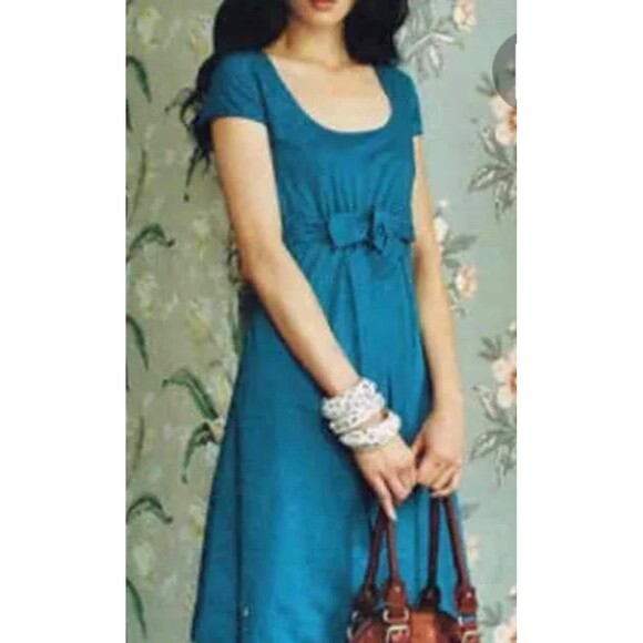 Orla Kiely Women's Grid Dot Cap Sleeve A-Line Belted Bow Dress in Blue & Teal 8 - Picture 2 of 11